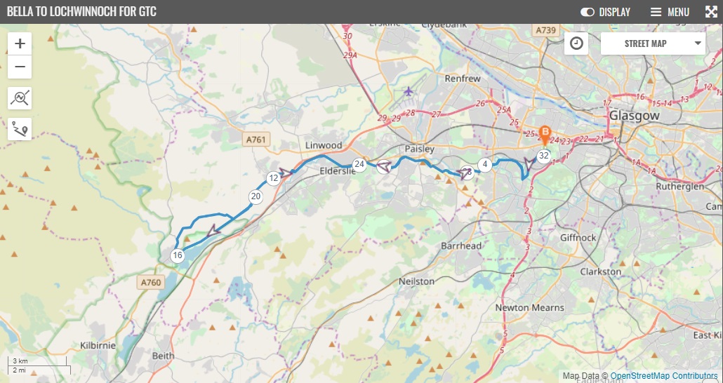 Map showing 32 mile cycle route from Bellahouston to Lochwinnoch