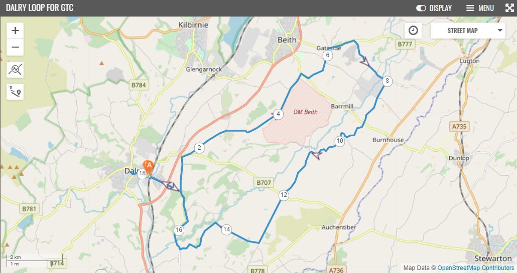 Map showing an 18 kilometre cycle route in a loop from Dalry
