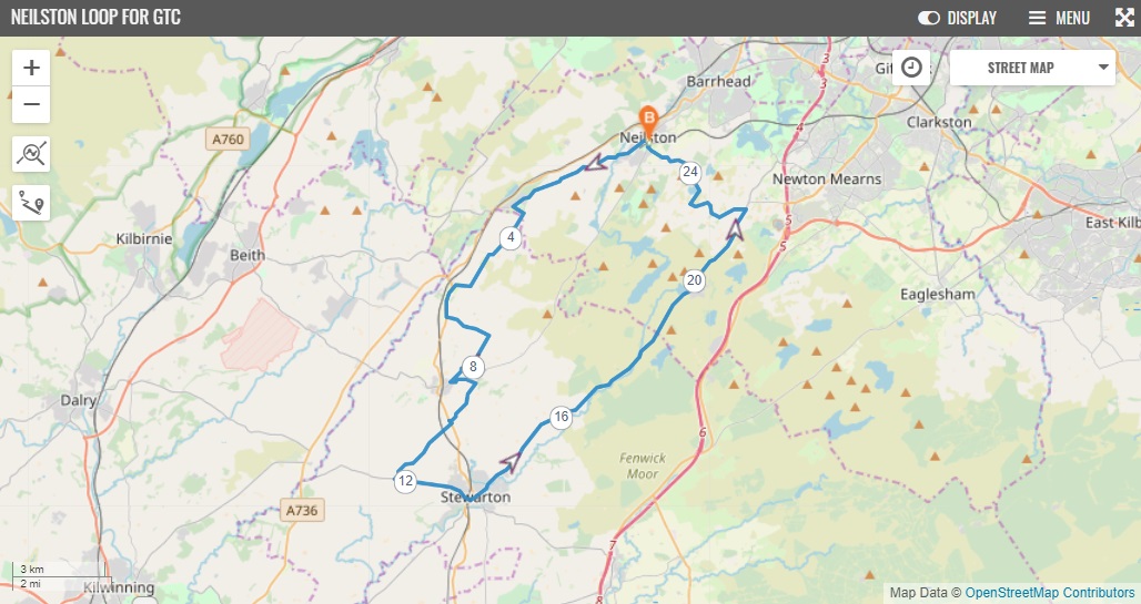 Map showing a cycle route following a loop from Neilston to Stewarton and back
